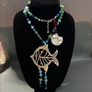 Maldita Rita Silver Fish Pendant Long Necklace with Blue and Green Beads NWT